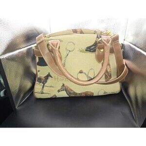 Signature Tapestry Purse Hand Bag Horse Pattern Animal Canvas Leather